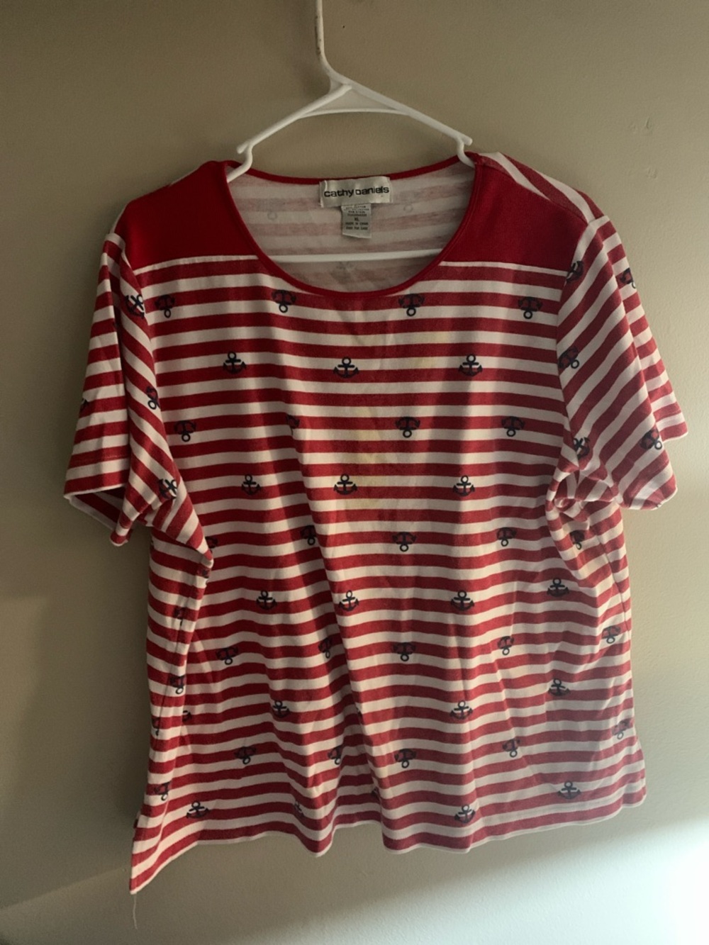 Cathy Daniels Red & White Striped Tee with Navy Anchor Print